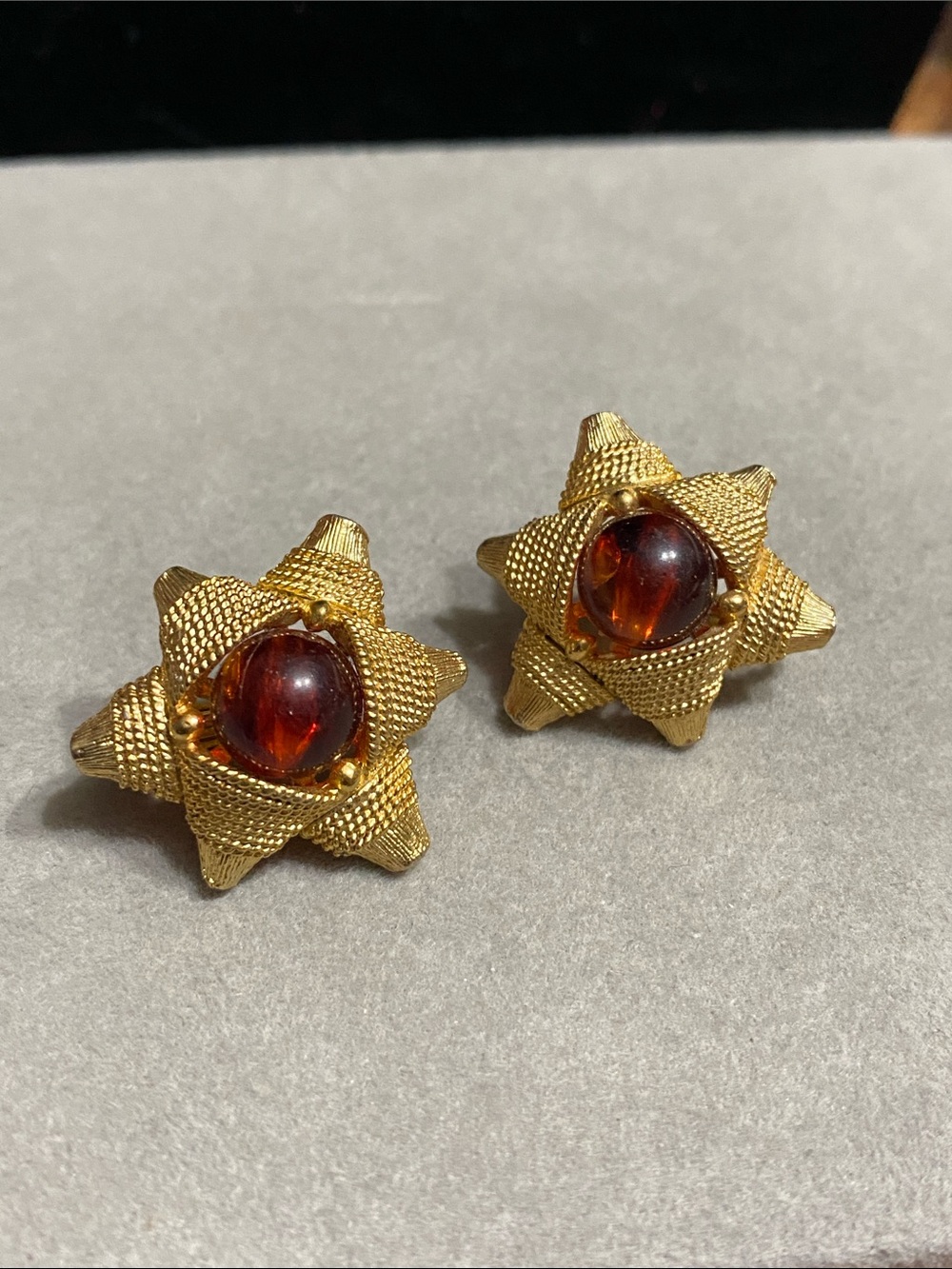 Gold-Tone Star Cluster Earrings with Amber Cabochon